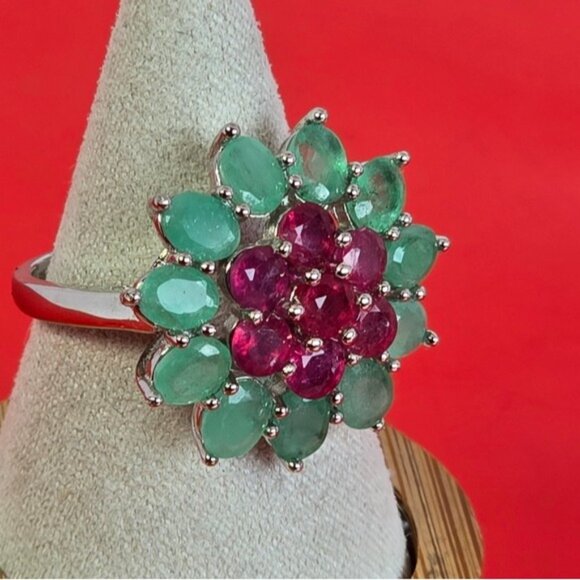 925 Sterling Silver Ring SZ 9 with Natural Ruby & Emerald Gemstone - Picture 7 of 15